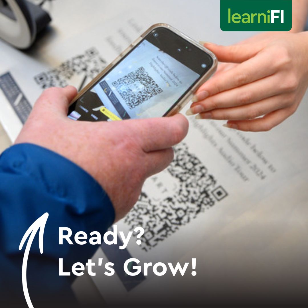 Man scanning QR code on his phone, being helped by museum guide, text reads ready let's grow