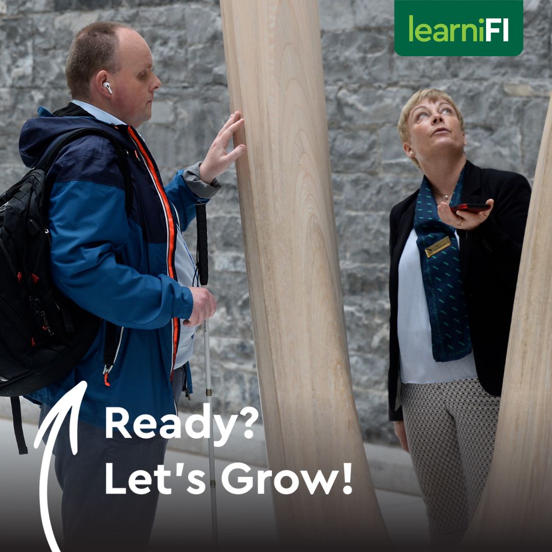 Museum guide explaining museum sculpture to a visually impaired man, text reads ready let's grow