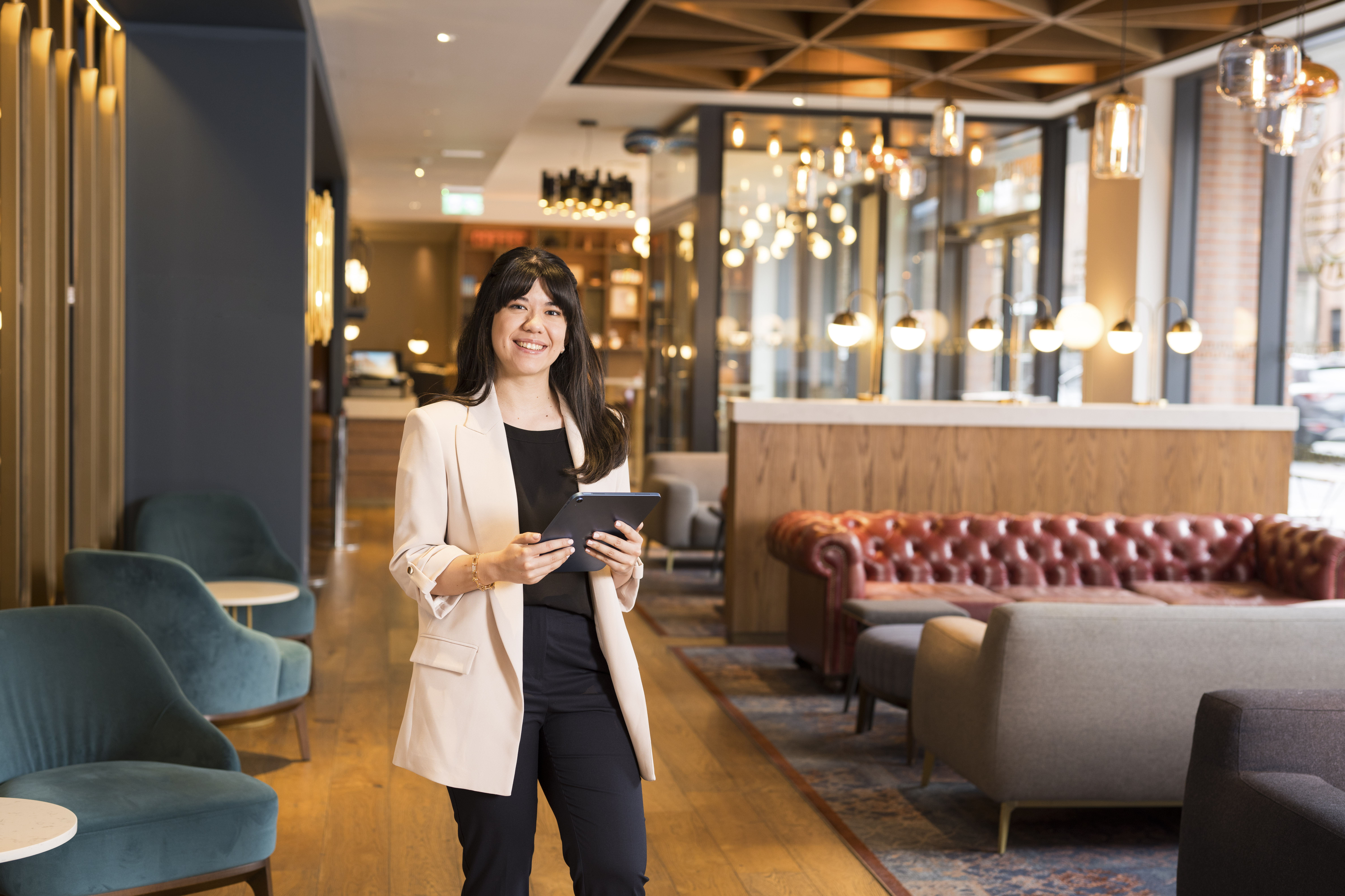 Woman smiling in restaurant