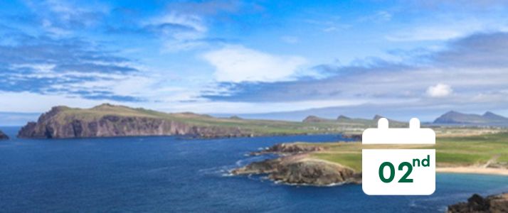 View of a bay, sea surrounded by green mountains and hills, calendar icon in bottom right hand reads 2nd
