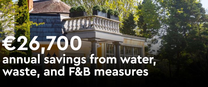 Image of hotel, text on image reads 26,700 annual savings from water, waste and F&B measures