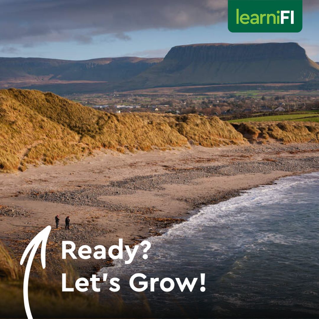 Two people walking on the beach near Benbulben mountain, text reads ready let's grow