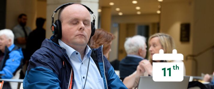 Blind man typing on his computer in the national gallery in Dublin